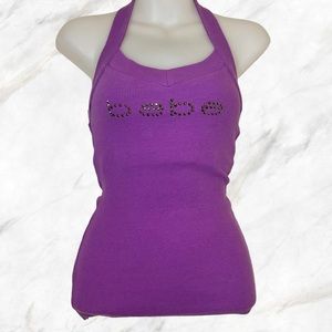 BEBE PURPLE HALTER RHINESTONE LOGO SLEEVELESS HALTER TOP SIZE S RARE